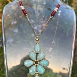 Aqua Bezel Pendant with Carnelian and Pearls